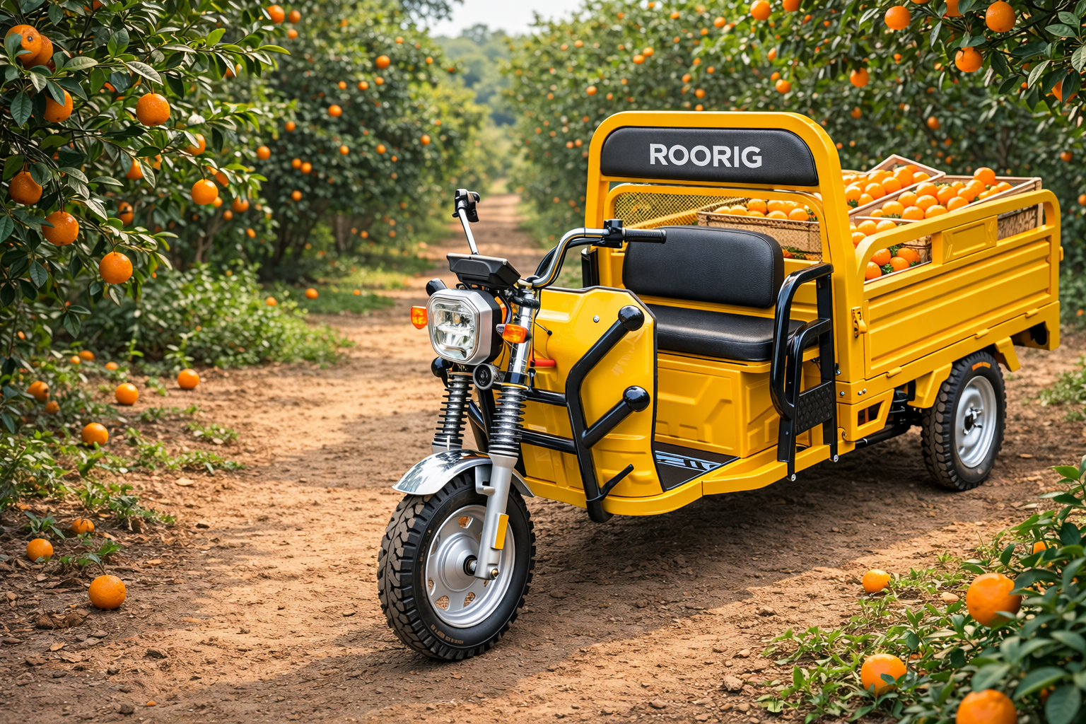 ROORIG carrying oranges in an orchard row