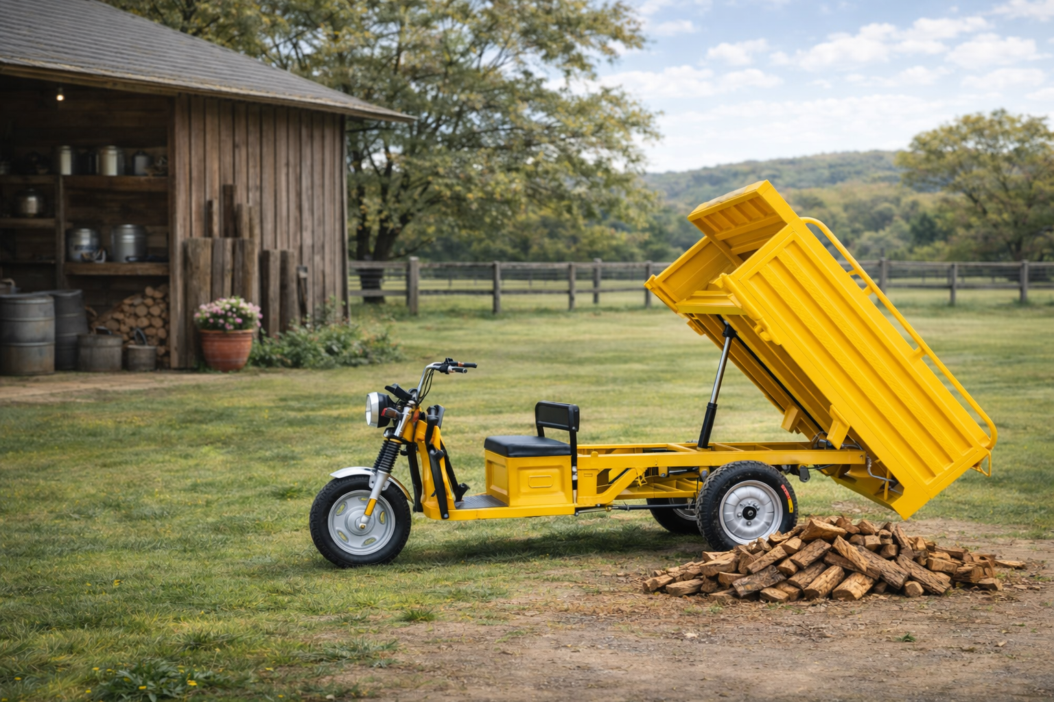 ROORIG unloading wood beside a farm shed